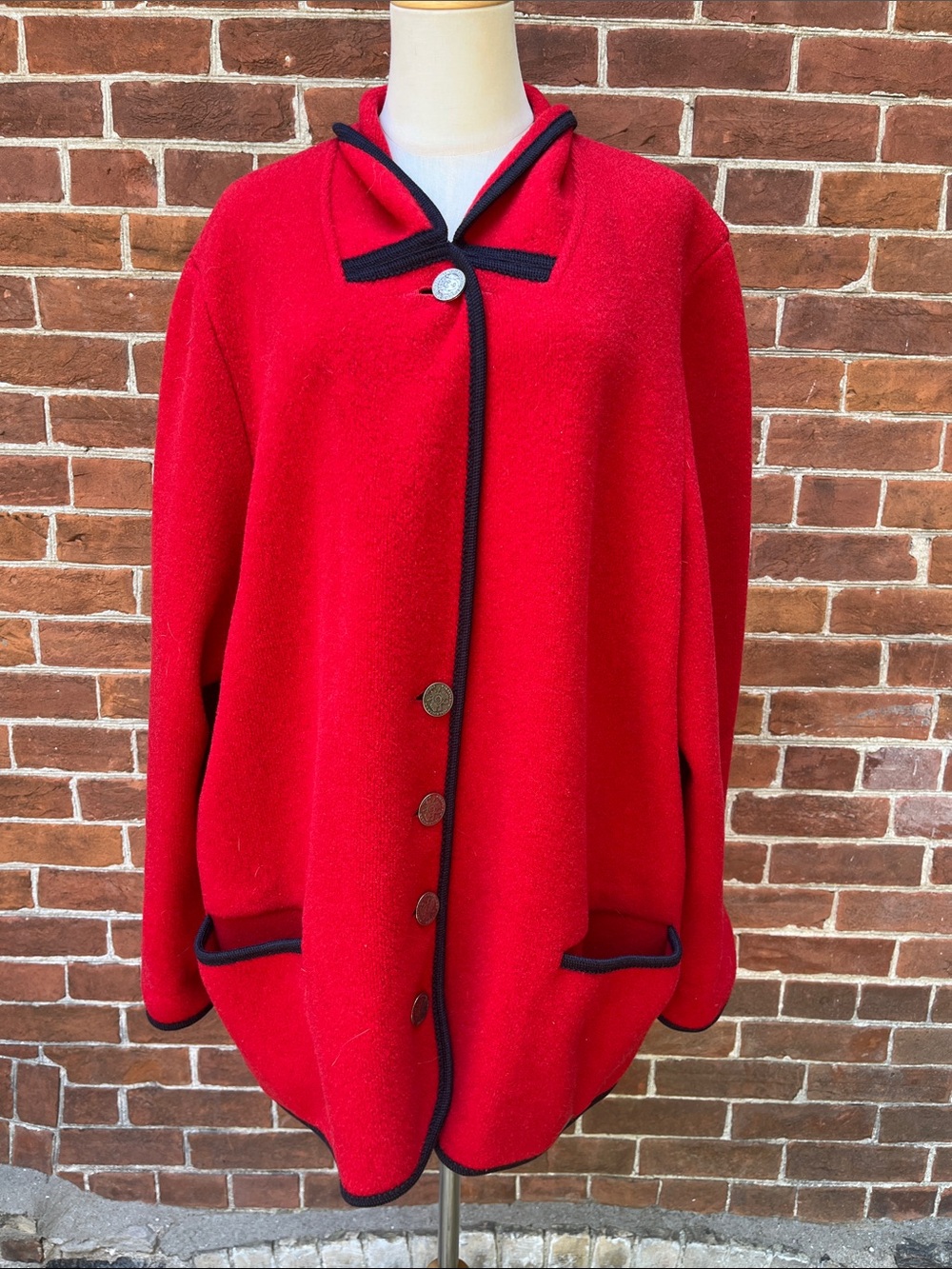 Vintage Giesswein Austrian Bright Red Boiled Wool Cardigan Coat with Black Trim